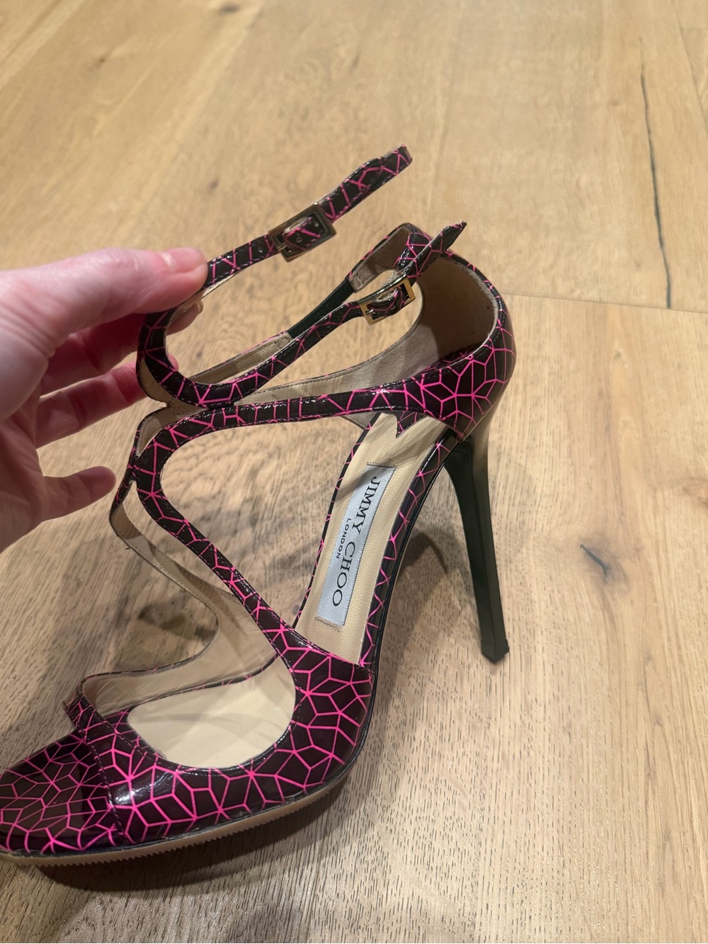 Jimmy Choo Black and Pink Geometric Strappy Stiletto Sandals - Picture 10 of 13